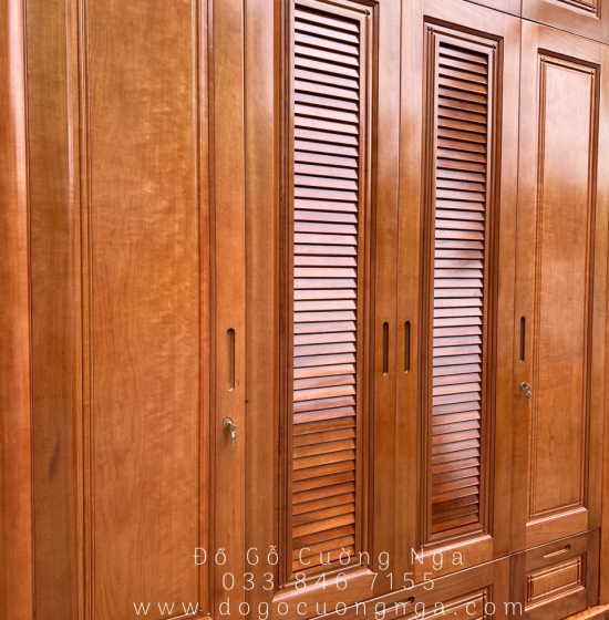 Tủ quần áo gỗ xoan đào 4 cánh - cao 2 tầng lá sách TX 31