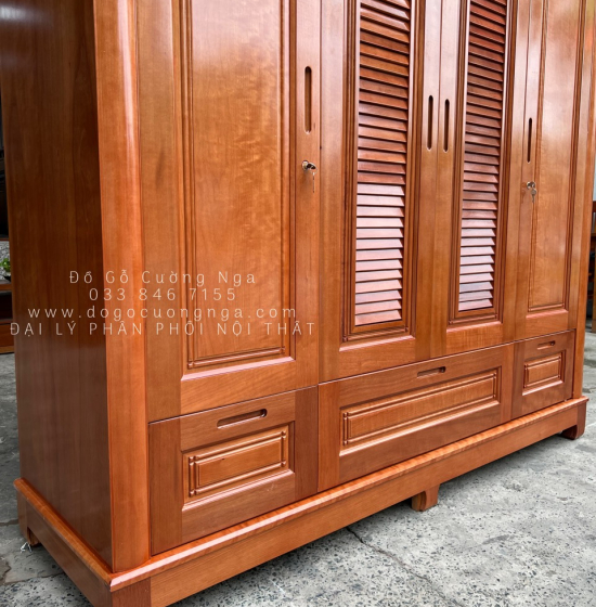 Tủ quần áo gỗ xoan đào 4 cánh - cao 2 tầng lá sách TX 31