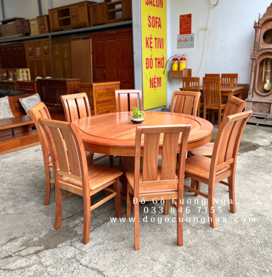 Bộ Bàn Ăn Gỗ Xoan Đào Tròn Mâm Xoay 8 Ghế Cao Cấp 