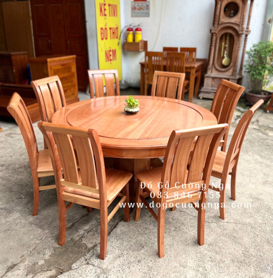 Bộ Bàn Ăn Gỗ Xoan Đào Tròn Mâm Xoay 8 Ghế Cao Cấp 