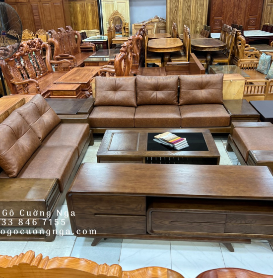 Combo Bộ Bàn Ghế Phòng Khách Sofa Gỗ Sồi Nga Kệ Tivi Rút ( Tặng Nệm )