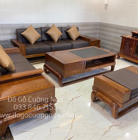 Bàn ghế sofa gỗ sồi nga lau màu óc chó - 2 văng mẫu đùi gà 