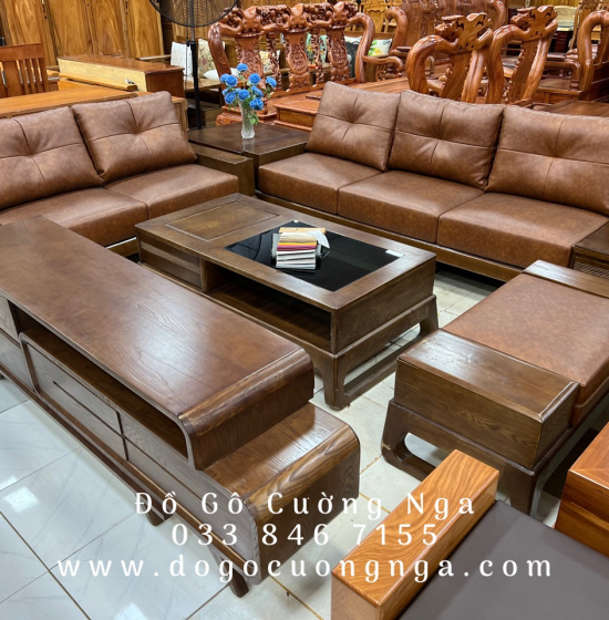 Combo Bộ Bàn Ghế Phòng Khách Sofa Gỗ Sồi Nga Kệ Tivi Rút ( Tặng Nệm )
