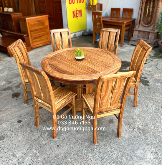 Bàn ăn gỗ hương xám 6 ghế tròn mâm xoay BG 025