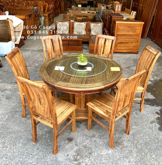 Bàn ăn gỗ hương xám 6 ghế tròn mâm xoay BG 025
