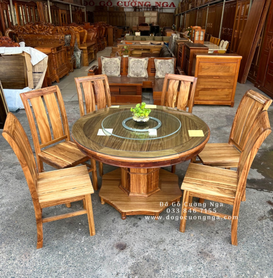 Bàn ăn gỗ hương xám 6 ghế tròn mâm xoay BG 025