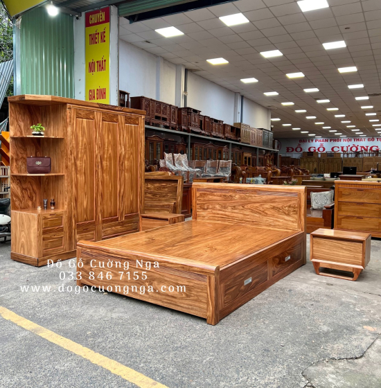 Giường gỗ hương xám 2 ngăn kéo  hiện đại 