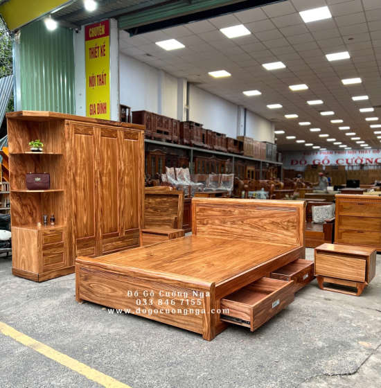 Giường gỗ hương xám 2 ngăn kéo  hiện đại 