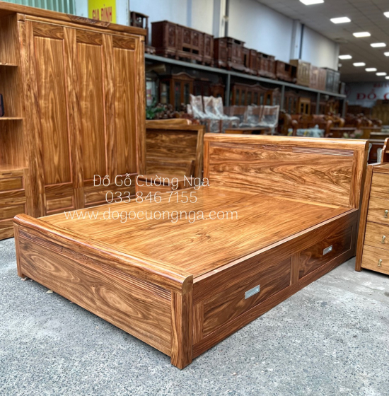 Giường gỗ hương xám 2 ngăn kéo  hiện đại 