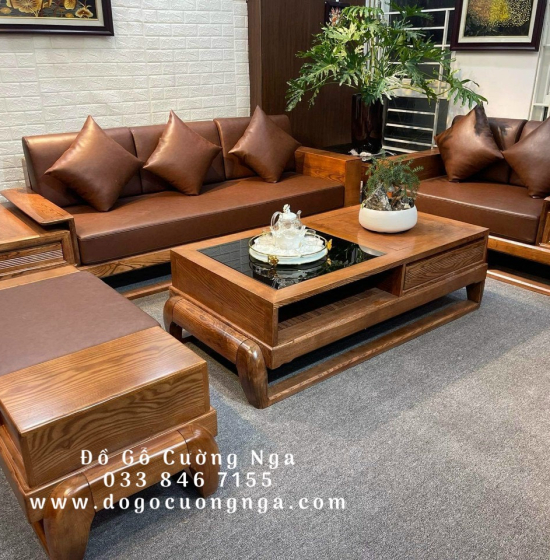 Bàn ghế sofa gỗ sồi nga lau màu óc chó - 2 văng mẫu đùi gà 