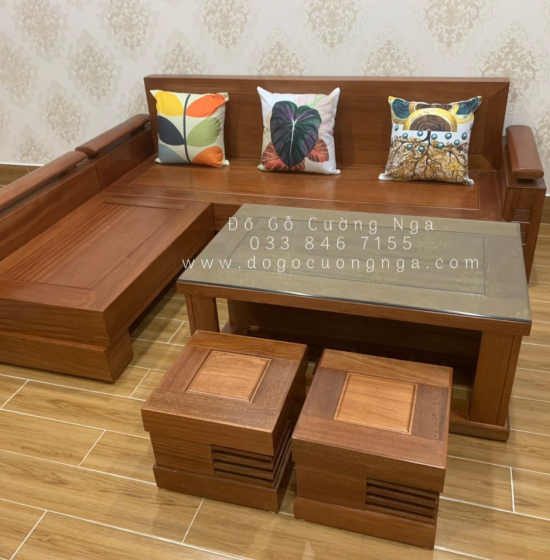  Bàn Ghế Sofa Gỗ Xoan Đào Góc L 2m1x1m6 - Lưng Liền 