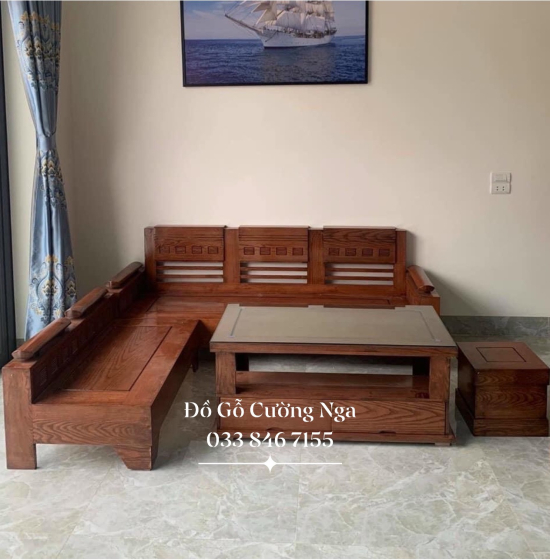 Bộ Ghế Sofa Gỗ Sồi Nga Lau Màu Óc Chó 2mx1m8 - Tay Trứng 