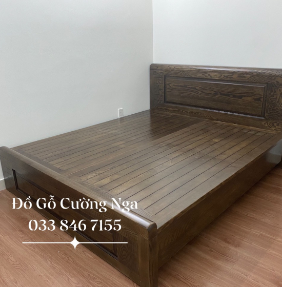 Giường gỗ Sồi Nga lau màu óc chó hiện đại - vạt phản 