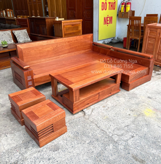  Bàn Ghế Sofa Gỗ Xoan Đào Góc L 2m1x1m6 - Lưng Liền 