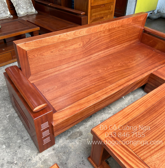  Bàn Ghế Sofa Gỗ Xoan Đào Góc L 2m1x1m6 - Lưng Liền 