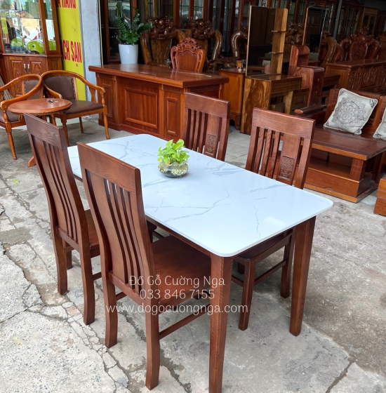 Bộ bàn ăn gỗ sồi nga mặt đá 4 ghế - lau màu óc chó GS 06