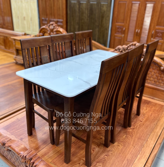 Bộ bàn ăn gỗ sồi nga 6 ghế - mặt đá - màu óc chó giá rẻ 