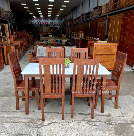 Bộ bàn ăn gỗ sồi nga 6 ghế - mặt đá - màu óc chó giá rẻ 
