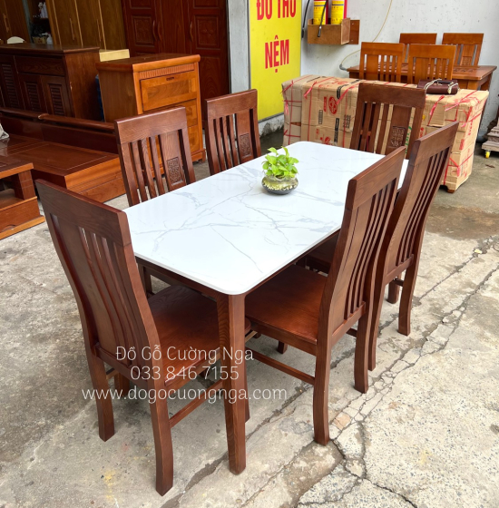 Bộ bàn ăn gỗ sồi nga 6 ghế - mặt đá - màu óc chó giá rẻ 