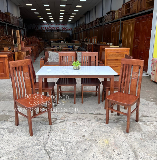 Bộ bàn ăn gỗ sồi nga 6 ghế - mặt đá - màu óc chó giá rẻ 