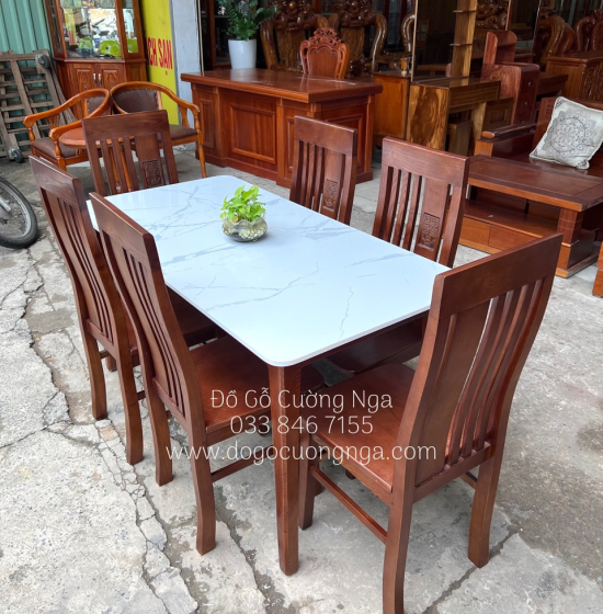 Bộ bàn ăn gỗ sồi nga 6 ghế - mặt đá - màu óc chó giá rẻ 