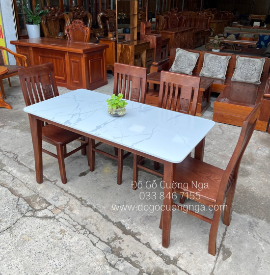 Bộ bàn ăn gỗ sồi nga mặt đá 4 ghế - lau màu óc chó GS 06