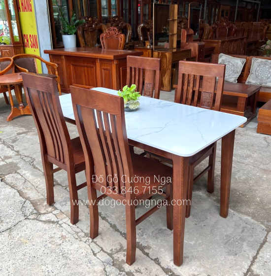 Bộ bàn ăn gỗ sồi nga mặt đá 4 ghế - lau màu óc chó GS 06