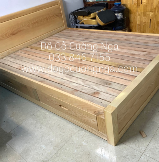 Giường gỗ sồi nga 2 ngăn kéo vạt lan hiện đại 