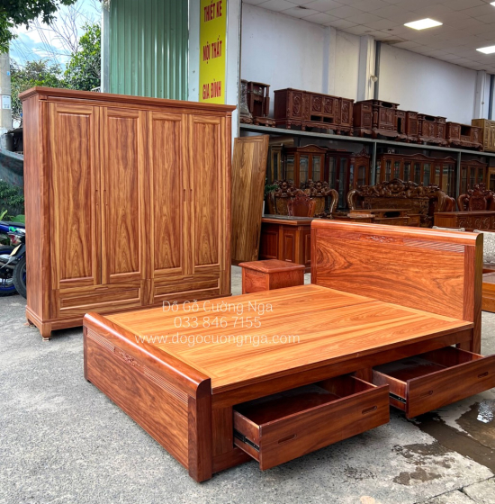 Giường Ngủ Gỗ Cẩm 2 Ngăn Kéo Hiện Đại - Vạt Phản Liền