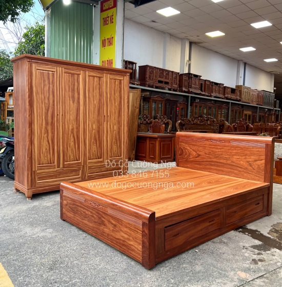 Giường Ngủ Gỗ Cẩm 2 Ngăn Kéo Hiện Đại - Vạt Phản Liền