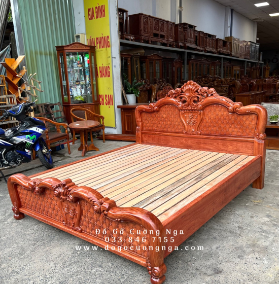 Giường Ngủ Gỗ Hương Đá Hoa Hồng Vạt Lan Chất Lượng 