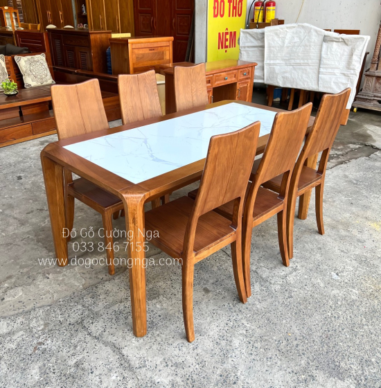 Bàn Ăn Gỗ Sồi Nga Mặt Đá 6 Ghế Màu Óc Chó - Châu Hươu BG 11-7
