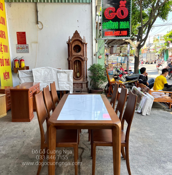 Bàn Ăn Gỗ Sồi Nga Mặt Đá 6 Ghế Màu Óc Chó - Châu Hươu BG 11-7