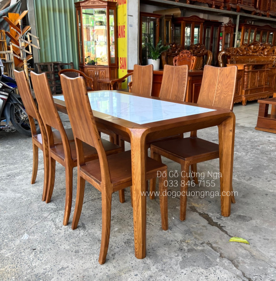 Bàn Ăn Gỗ Sồi Nga Mặt Đá 6 Ghế Màu Óc Chó - Châu Hươu BG 11-7