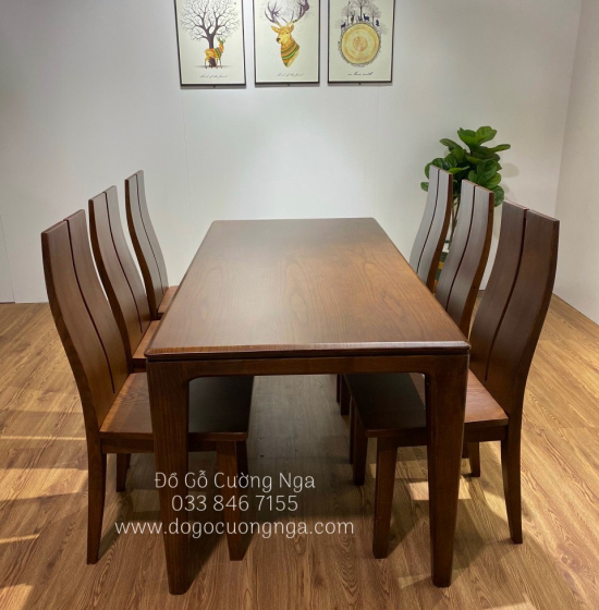 Bộ bàn ăn gỗ sồi nga 6 ghế - lau màu óc chó hiện đại 