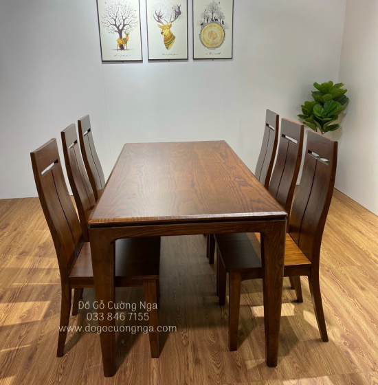 Bộ bàn ăn gỗ sồi nga 6 ghế - lau màu óc chó hiện đại 