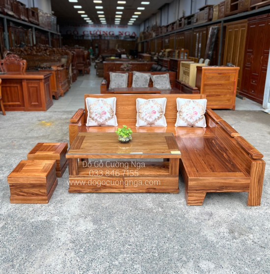 Bàn Ghế Sofa Gỗ Hương Xám Góc L 2mx1m8 Hiện Đại
