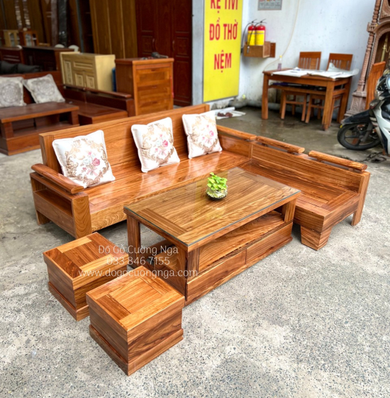 Bàn Ghế Sofa Gỗ Hương Xám Góc L 2mx1m8 Hiện Đại
