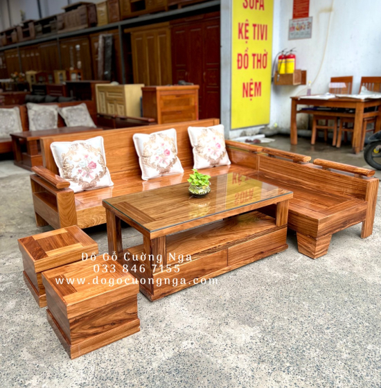 Bàn Ghế Sofa Gỗ Hương Xám Góc L 2mx1m8 Hiện Đại