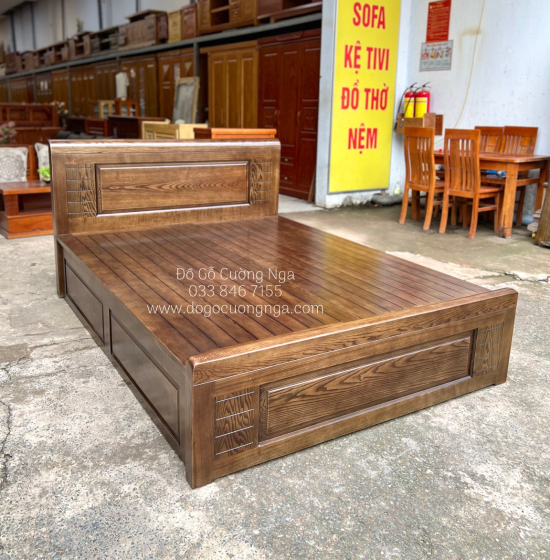 Giường ngủ gỗ sồi nga 2 ngăn kéo vạt phản - lau màu óc chó 