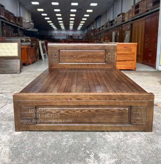 Giường ngủ gỗ sồi nga 2 ngăn kéo vạt phản - lau màu óc chó 