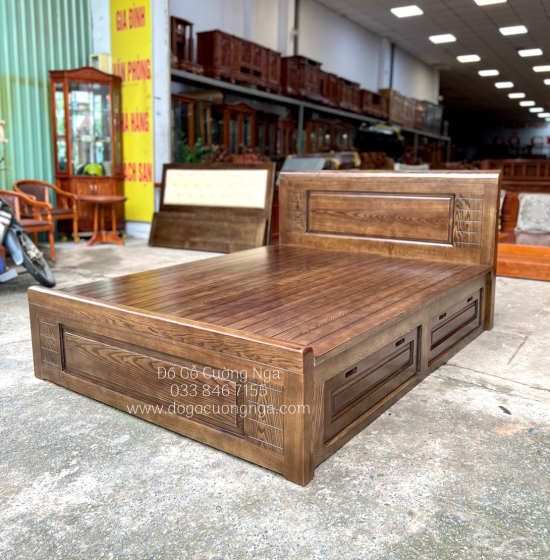 Giường ngủ gỗ sồi nga 2 ngăn kéo vạt phản - lau màu óc chó 