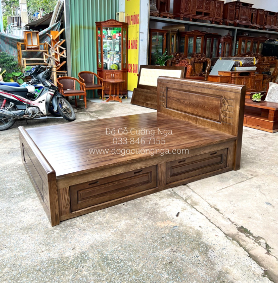 Giường ngủ gỗ sồi nga 2 ngăn kéo vạt phản - lau màu óc chó 