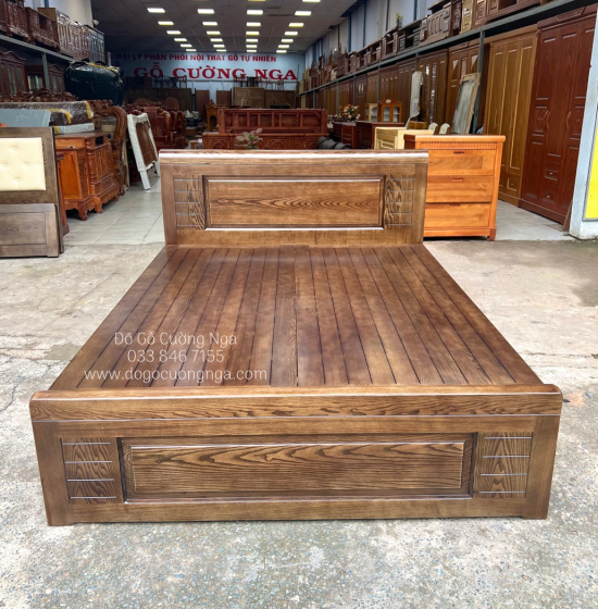 Giường ngủ gỗ sồi nga 2 ngăn kéo vạt phản - lau màu óc chó 