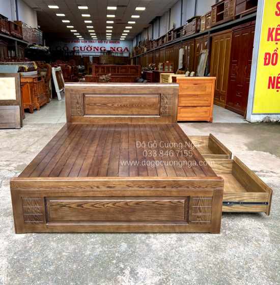 Giường ngủ gỗ sồi nga 2 ngăn kéo vạt phản - lau màu óc chó 