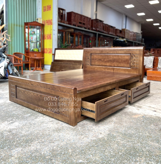 Giường ngủ gỗ sồi nga 2 ngăn kéo vạt phản - lau màu óc chó 