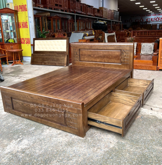 Giường ngủ gỗ sồi nga 2 ngăn kéo vạt phản - lau màu óc chó 