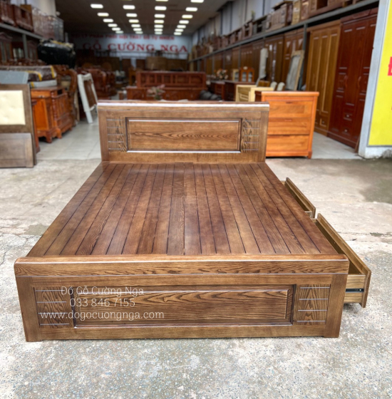 Giường ngủ gỗ sồi nga 2 ngăn kéo vạt phản - lau màu óc chó 