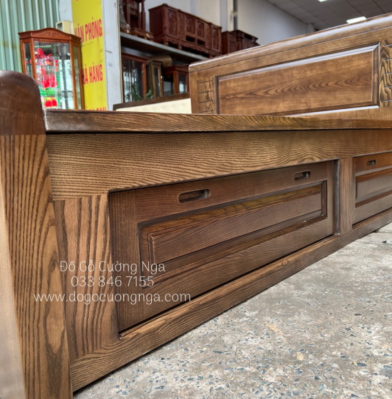 Giường ngủ gỗ sồi nga 2 ngăn kéo vạt phản - lau màu óc chó 