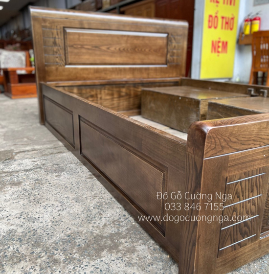 Giường ngủ gỗ sồi nga 2 ngăn kéo vạt phản - lau màu óc chó 